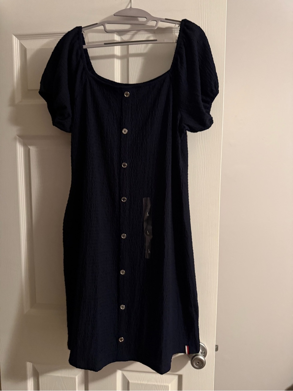 Tommy Hilfiger Navy Button-Down Puff Sleeve Midi Dress